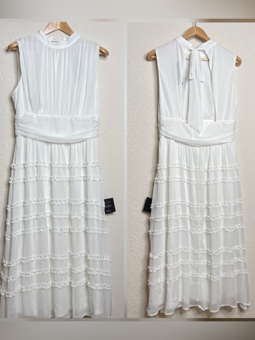 Lulus White Chiffon Ruffle-Tiered Dress Mock Neck, Tie Back, Bride, Size 1X NWT